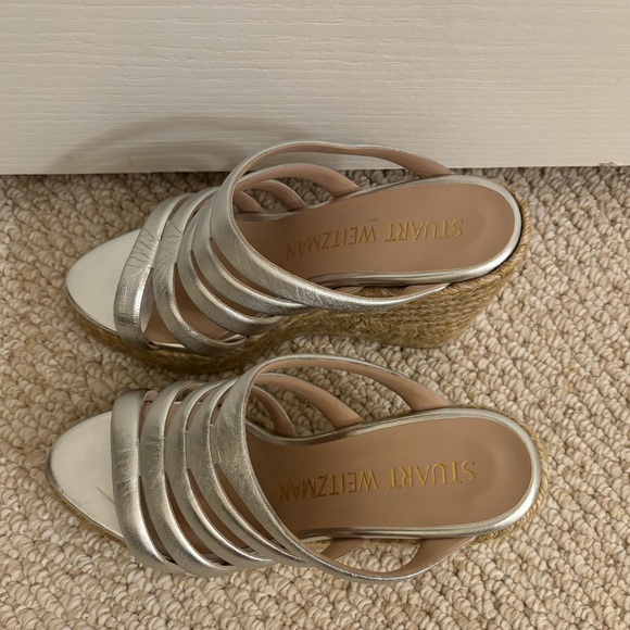 Stuart Weitzman Lilyana Espadrille Wedge Sandal Silver Metallic Heel - Picture 11 of 16